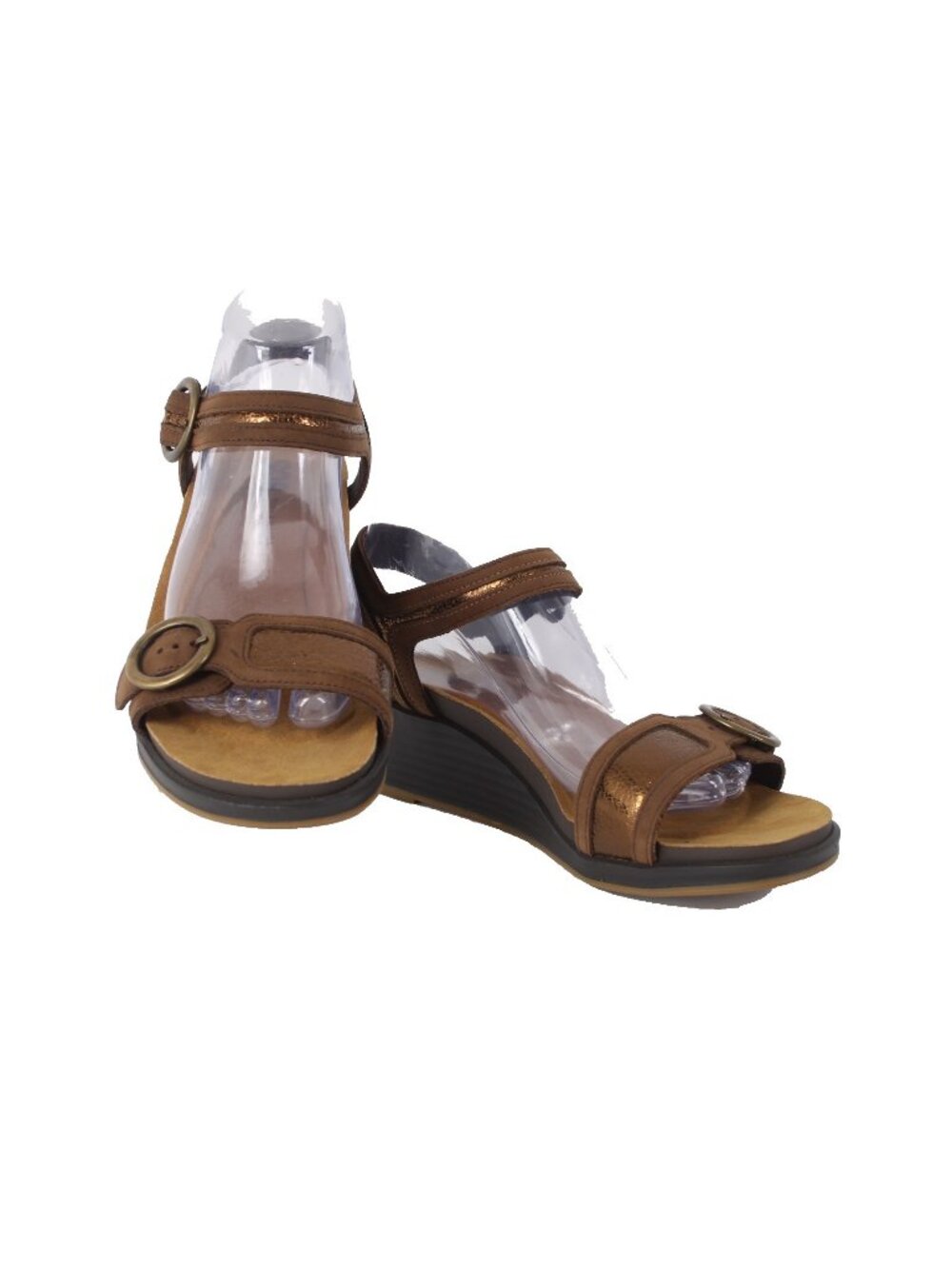 SAS Wedge Sandals Sz 9.5 W Brown Bronze Buckle Open Toe Leather 2" Wedge Sandal